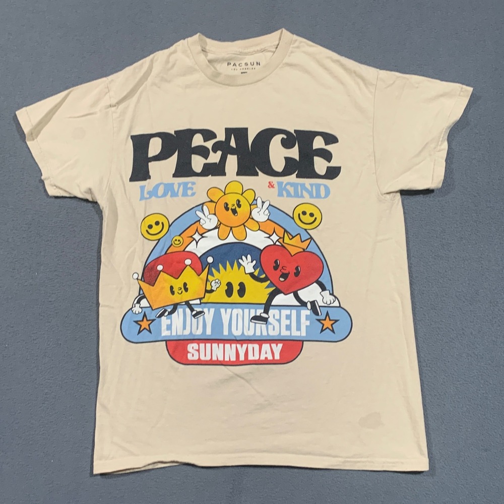 PacSun Graphic T-Shirt Women Medium Cream Peace Love Kind Sunny Day Retro Indie
